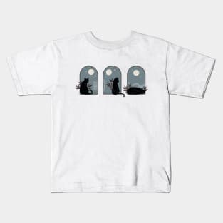 Three minimalist black cats with plants in boho vintage style Kids T-Shirt